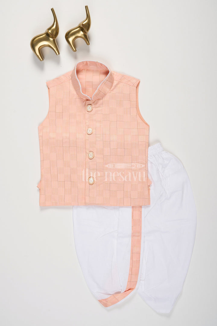 The Nesavu Boys Dothi Set Peach Boys Dhoti Set with Checkered Vest and White Pants Nesavu 12 (3M) / Peach BES571B-12 Peach Boys Dhoti Set Checkered Vest White Pants Traditional Events