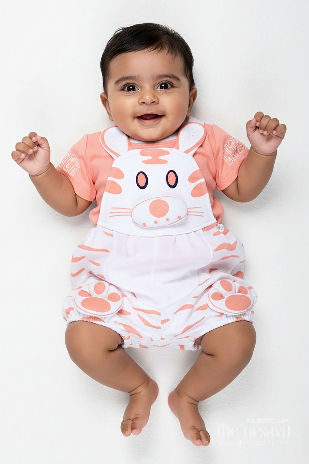The Nesavu Boys Casual Set Peach Casual Outfit for Boys in Soft Cotton with Animal Digital Print and Bunny Dungaree Style Nesavu 14 (6M) / Peach BCS293A-14 Nesavu Peach Casual Outfit Baby Boys White Bunny Print Cotton Dungaree Set