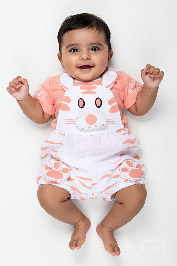 The Nesavu Boys Casual Set Peach Casual Outfit for Boys in Soft Cotton with Animal Digital Print and Bunny Dungaree Style Nesavu 14 (6M) / Peach BCS293A-14 Nesavu Peach Casual Outfit Baby Boys White Bunny Print Cotton Dungaree Set