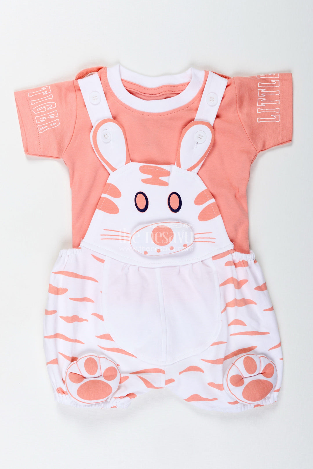 The Nesavu Boys Casual Set Peach Casual Outfit for Boys in Soft Cotton with Animal Digital Print and Bunny Dungaree Style Nesavu Nesavu Peach Casual Outfit Baby Boys White Bunny Print Cotton Dungaree Set
