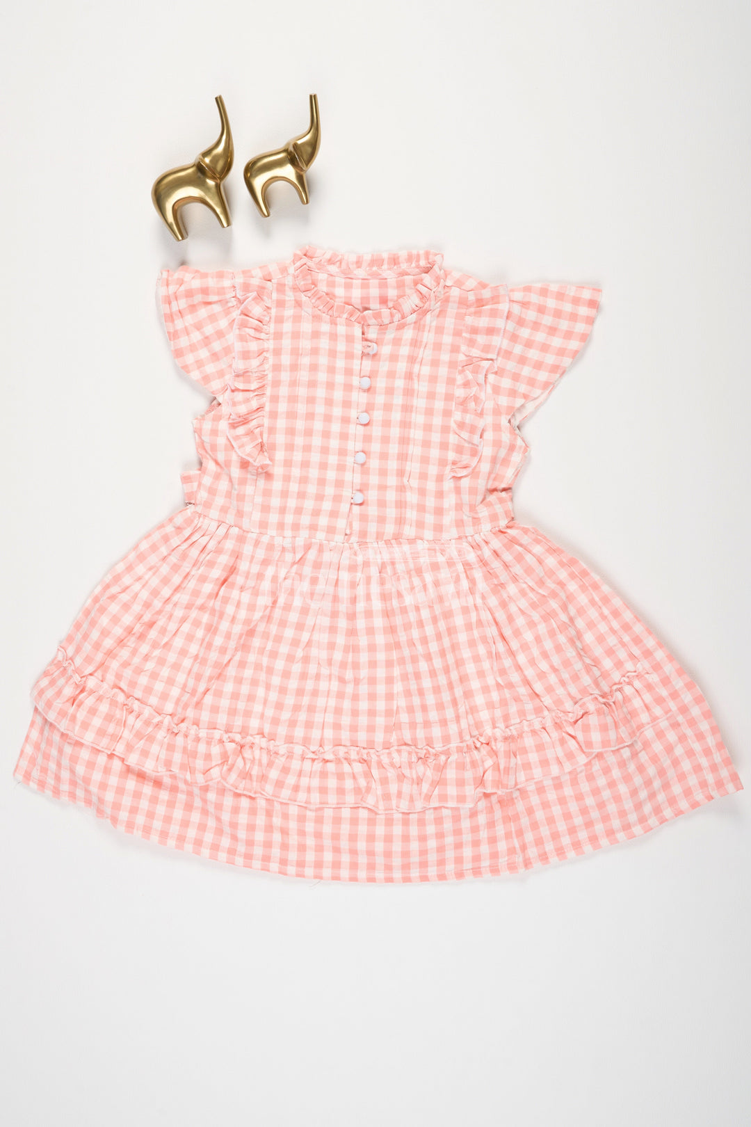 The Nesavu Girls Cotton Frock Peach Checked Cotton Frock with Ruffles for Girls Nesavu 20 (3Y) / Peach GFC1391A-20 Peach Checked Cotton Frock with Ruffles for Girls Nesavu