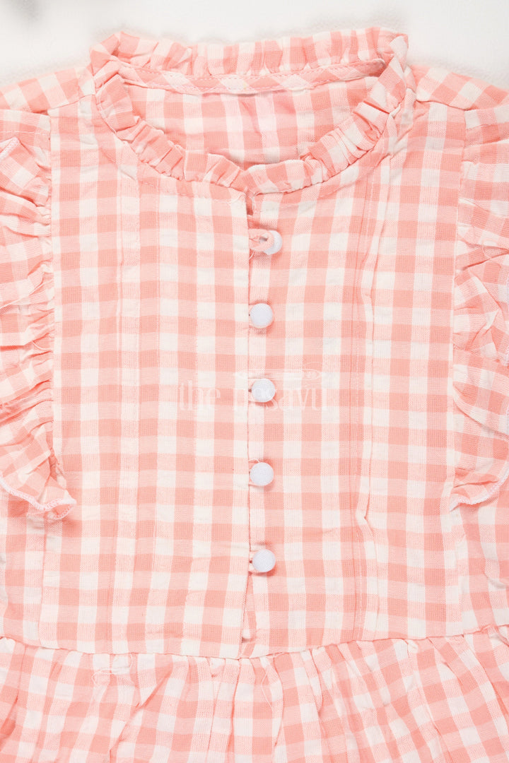 The Nesavu Girls Cotton Frock Peach Checked Cotton Frock with Ruffles for Girls Nesavu Peach Checked Cotton Frock with Ruffles for Girls Nesavu