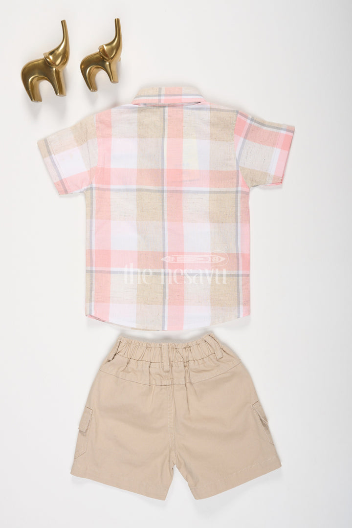 The Nesavu Boys Casual Set Peach Checked Half Sleeve Shirt and Beige Cargo Shorts Set for Boys Nesavu Peach Checked Half Sleeve Shirt and Beige Cargo Shorts Set for Boys - Nesavu