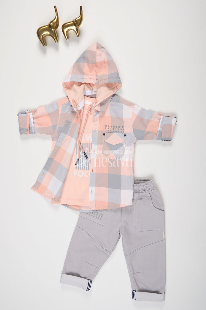 The Nesavu Boys Casual Set Peach Checked Hooded Shirt and Gray Pant Set for Boys Nesavu 18 (2Y) / Peach BCS106A-18 Peach Checked Hooded Shirt and Gray Pant Set for Boys - Nesavu