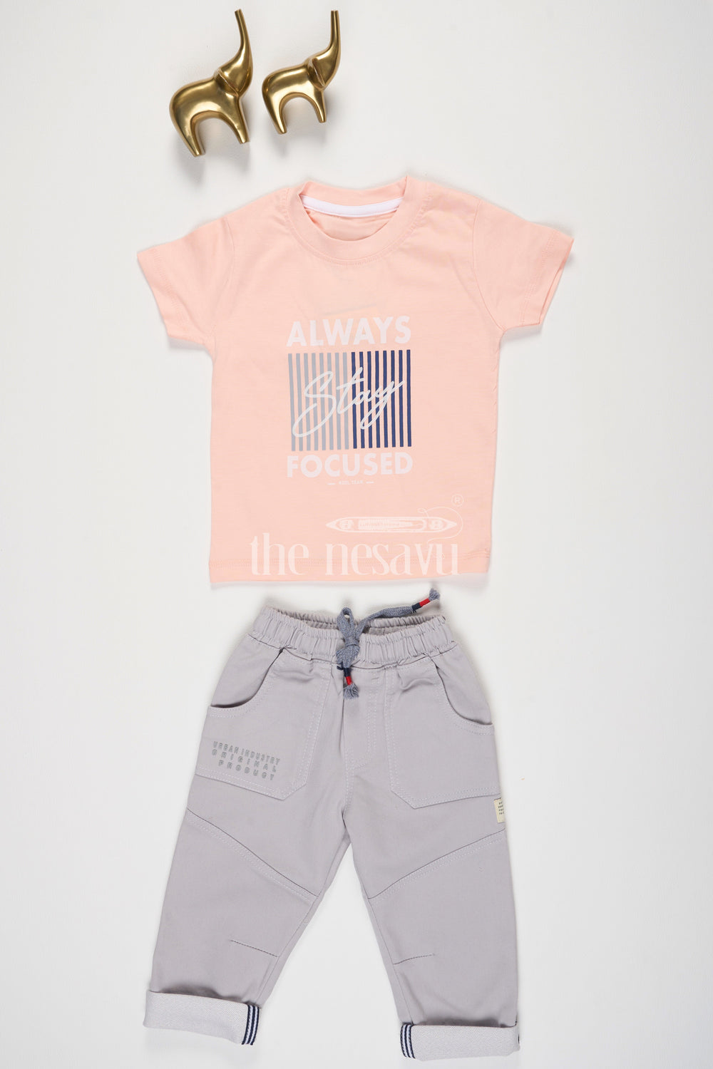 The Nesavu Boys Casual Set Peach Checked Hooded Shirt and Gray Pant Set for Boys Nesavu Peach Checked Hooded Shirt and Gray Pant Set for Boys - Nesavu