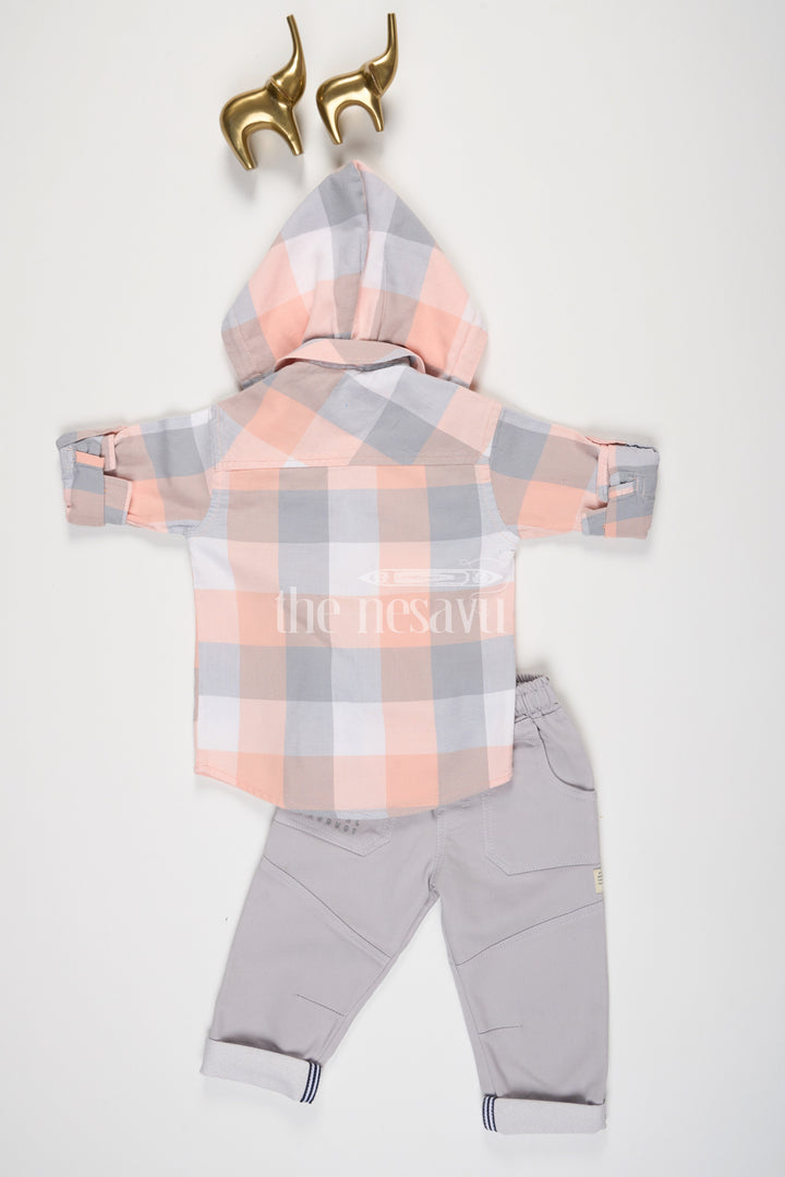 The Nesavu Boys Casual Set Peach Checked Hooded Shirt and Gray Pant Set for Boys Nesavu Peach Checked Hooded Shirt and Gray Pant Set for Boys - Nesavu