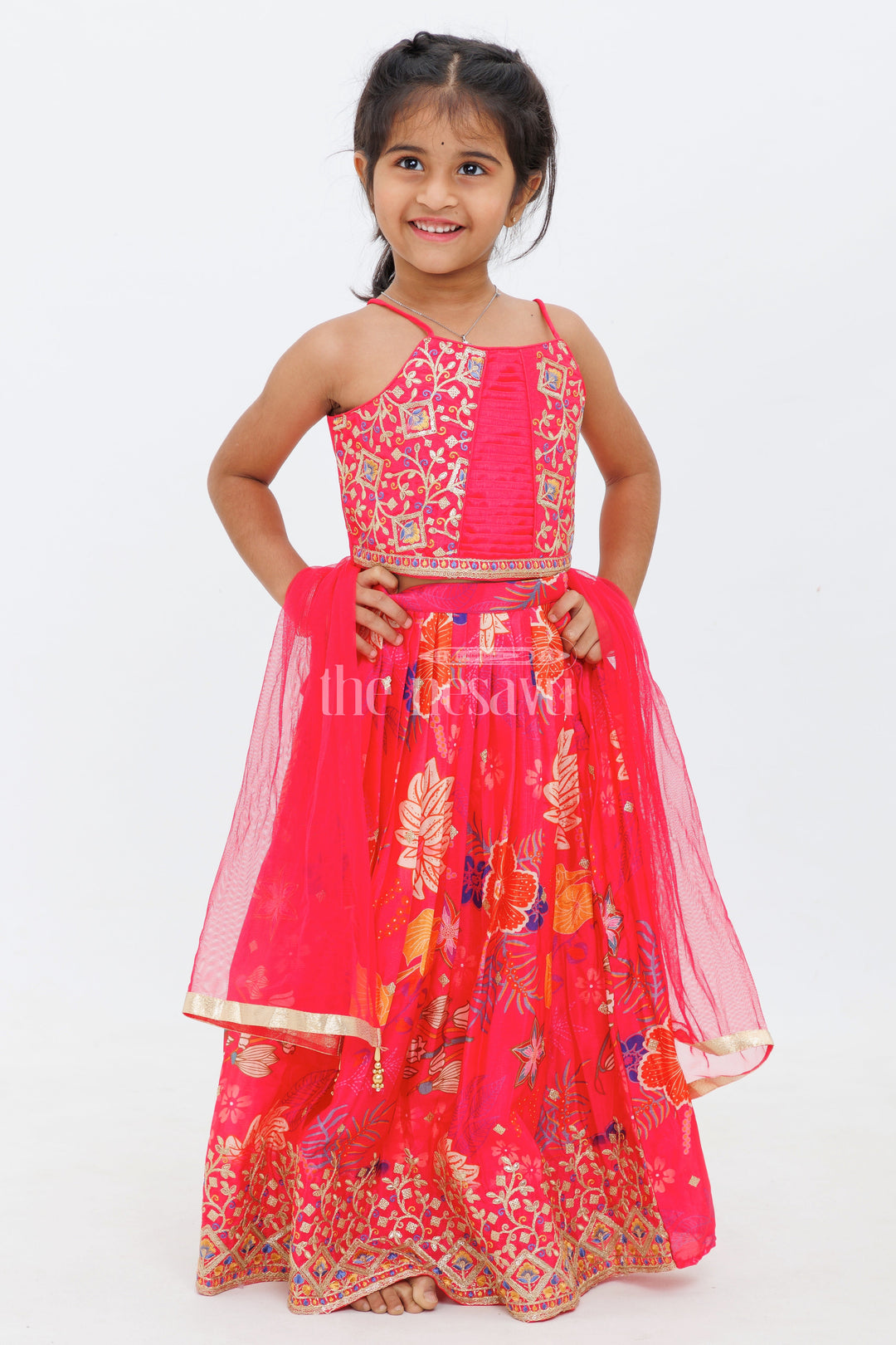 The Nesavu Girls Lehenga Choli Peach Chinon Silk Embroidered Lehenga Choli with Floral Print for Girls Nesavu 16 (1Y) / Peach GL481A-16 Peach Chinon Silk Embroidered Lehenga Choli with Floral Print for Girls Nesavu