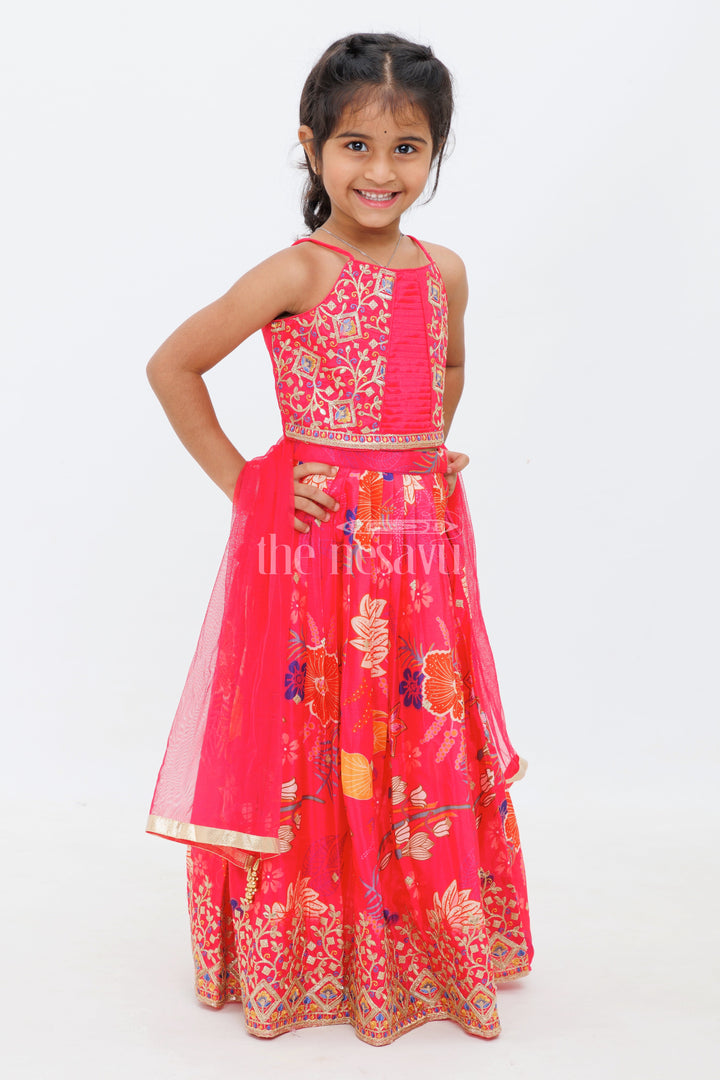 The Nesavu Girls Lehenga Choli Peach Chinon Silk Embroidered Lehenga Choli with Floral Print for Girls Nesavu Peach Chinon Silk Embroidered Lehenga Choli with Floral Print for Girls Nesavu