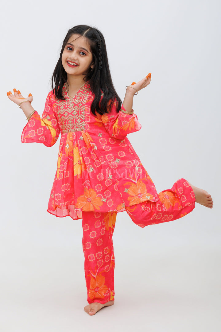 The Nesavu Girls Sharara / Plazo Set Peach Chinon Silk Peplum Kurta and Palazzo Set for Girls Nesavu 22 (4Y) / Peach GPS387A-22 Peach Chinon Silk Peplum Kurta and Palazzo Set for Girls - Nesavu