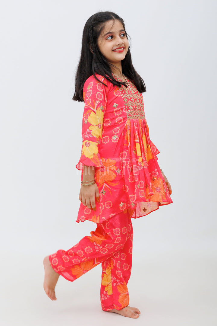 The Nesavu Girls Sharara / Plazo Set Peach Chinon Silk Peplum Kurta and Palazzo Set for Girls Nesavu Peach Chinon Silk Peplum Kurta and Palazzo Set for Girls - Nesavu