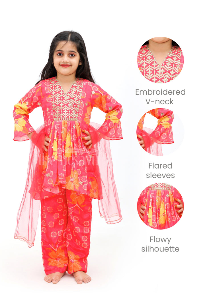 The Nesavu Girls Sharara / Plazo Set Peach Chinon Silk Peplum Kurta and Palazzo Set for Girls Nesavu Peach Chinon Silk Peplum Kurta and Palazzo Set for Girls - Nesavu