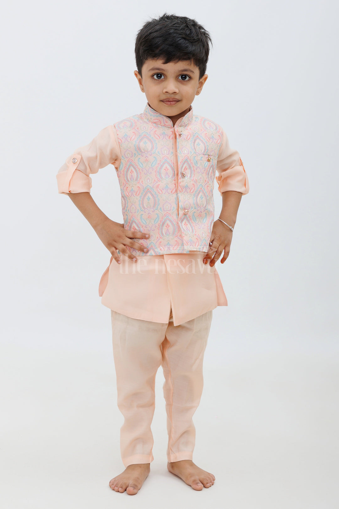 The Nesavu Boys Dothi Set Peach Color Designer Dhoti Kurta Set for Boys with Embroidered Jacket and Panchakacham Pants Nesavu 10 (NB) / Peach BES566A-10 Peach Color Designer Dhoti Kurta Set for Boys with Embroidered Jacket Nesavu