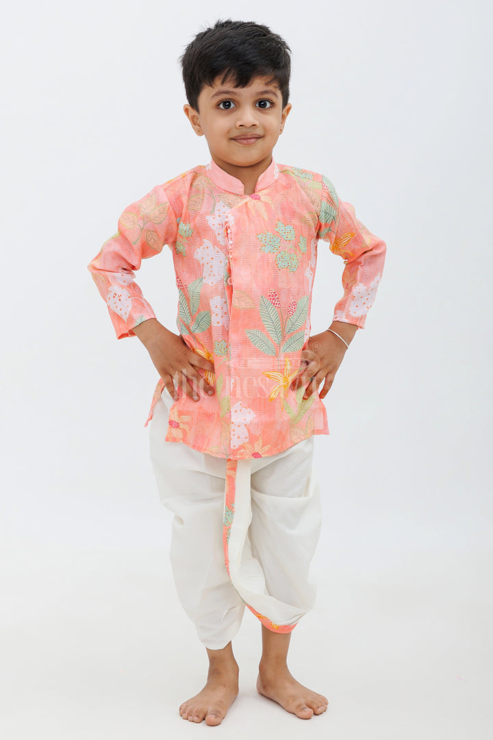 The Nesavu Boys Dothi Set Peach Cotton Digital Print Kurta and Dhoti Set for Boys Nesavu 12 (3M) / Peach BES565B-12 Peach Cotton Digital Print Boys Kurta and Dhoti Set - Nesavu