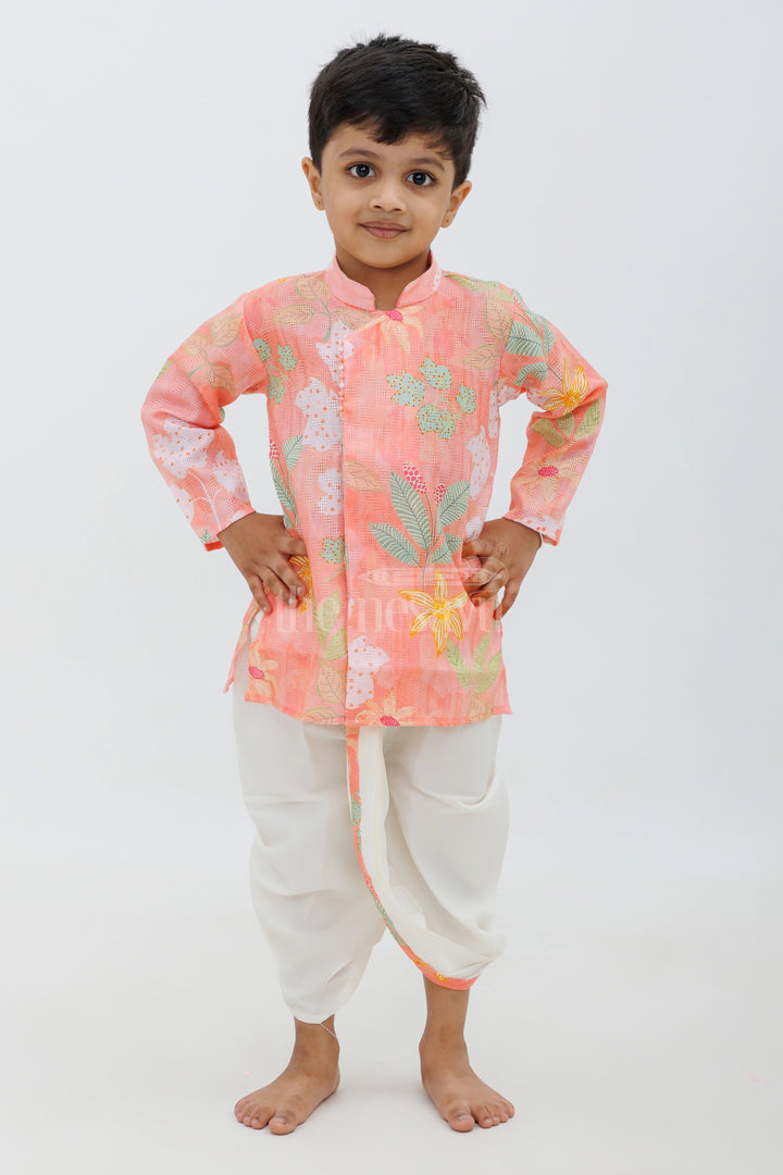 The Nesavu Boys Dothi Set Peach Cotton Digital Print Kurta and Dhoti Set for Boys Nesavu Peach Cotton Digital Print Boys Kurta and Dhoti Set - Nesavu