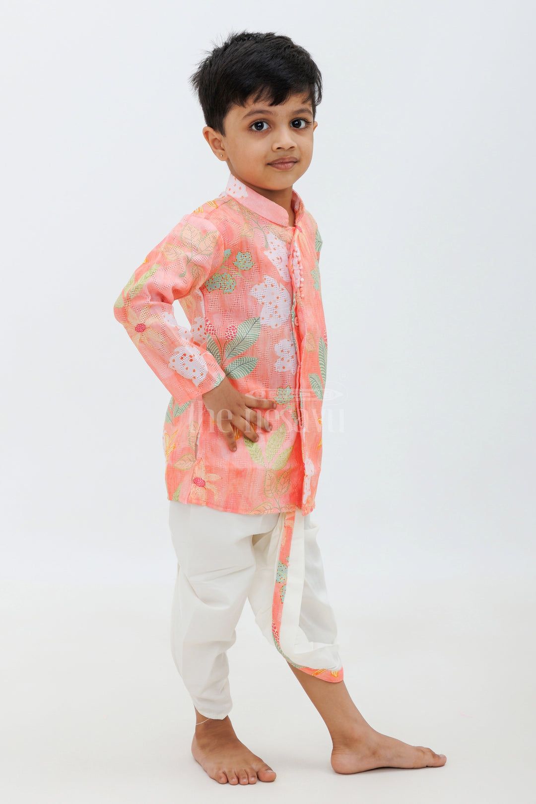 The Nesavu Boys Dothi Set Peach Cotton Digital Print Kurta and Dhoti Set for Boys Nesavu Peach Cotton Digital Print Boys Kurta and Dhoti Set - Nesavu