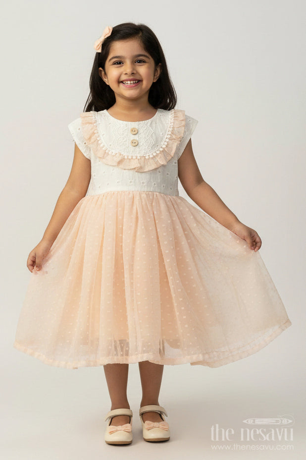 The Nesavu Baby Cotton Frocks Peach Frock Suit for Baby Girls with Hakoba Lace Yoke and Polka Dot Georgette Skirt Nesavu 12 (3M) / Peach BFJ778B-12 Peach Frock Suit Baby Girls Hakoba Lace Top Polka Dot Georgette Flare | The Nesavu