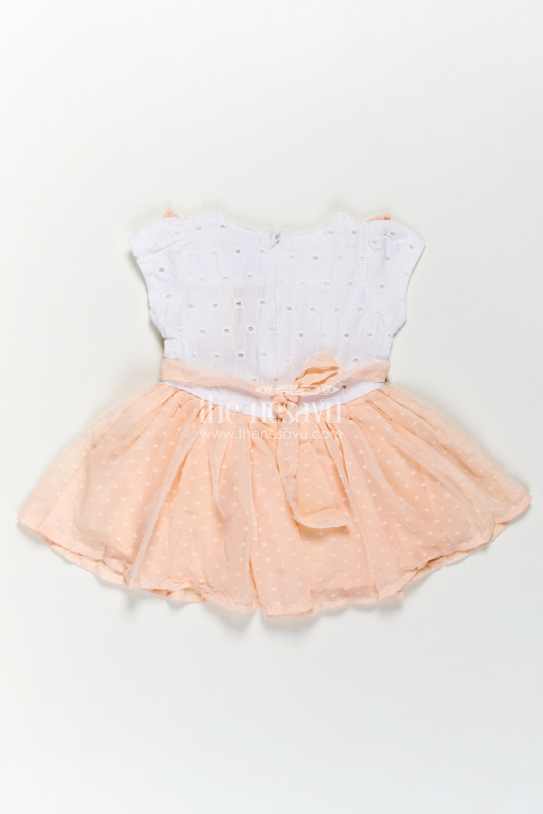 The Nesavu Baby Cotton Frocks Peach Frock Suit for Baby Girls with Hakoba Lace Yoke and Polka Dot Georgette Skirt Nesavu Peach Frock Suit Baby Girls Hakoba Lace Top Polka Dot Georgette Flare | The Nesavu