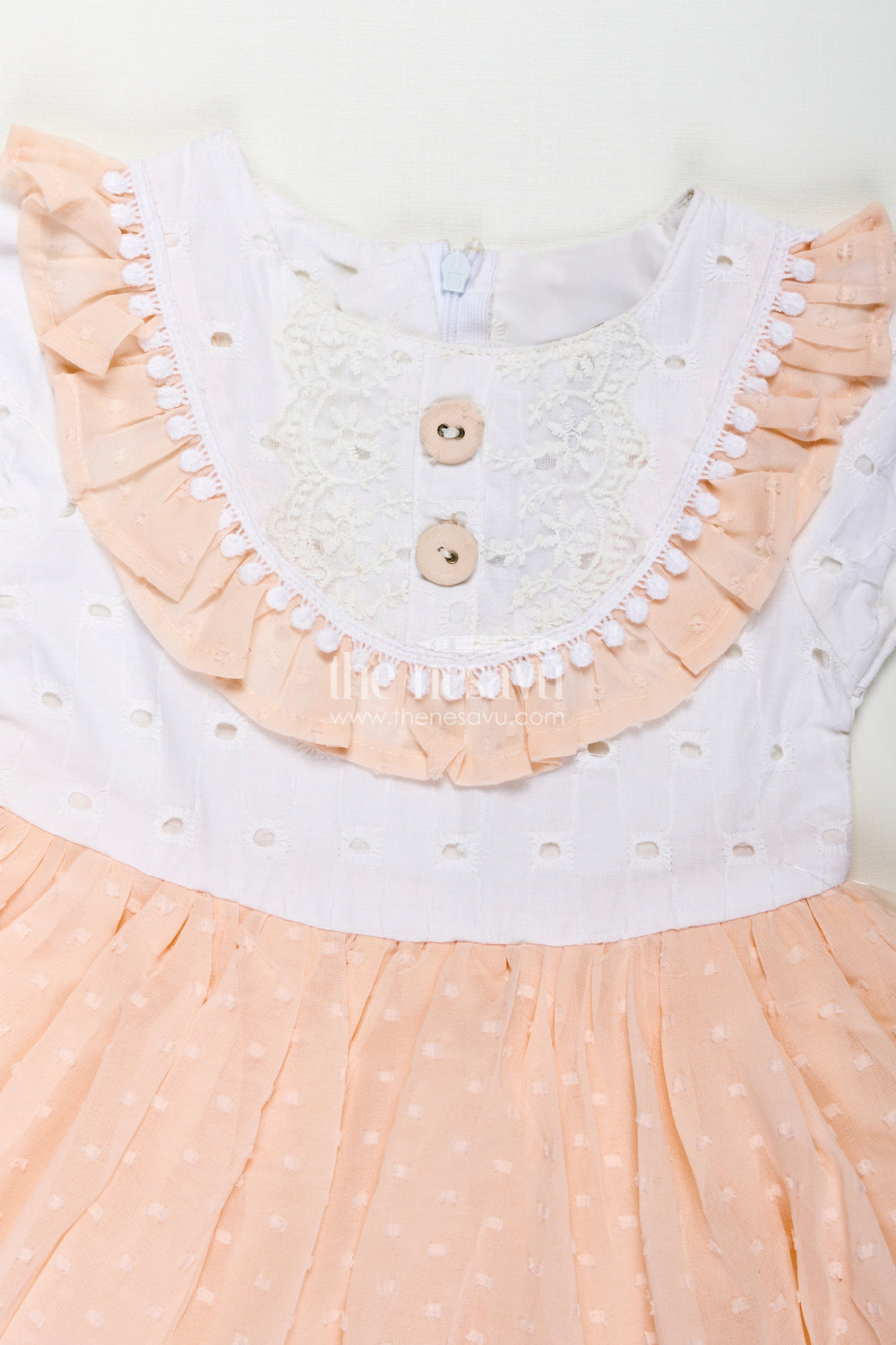 The Nesavu Baby Cotton Frocks Peach Frock Suit for Baby Girls with Hakoba Lace Yoke and Polka Dot Georgette Skirt Nesavu Peach Frock Suit Baby Girls Hakoba Lace Top Polka Dot Georgette Flare | The Nesavu