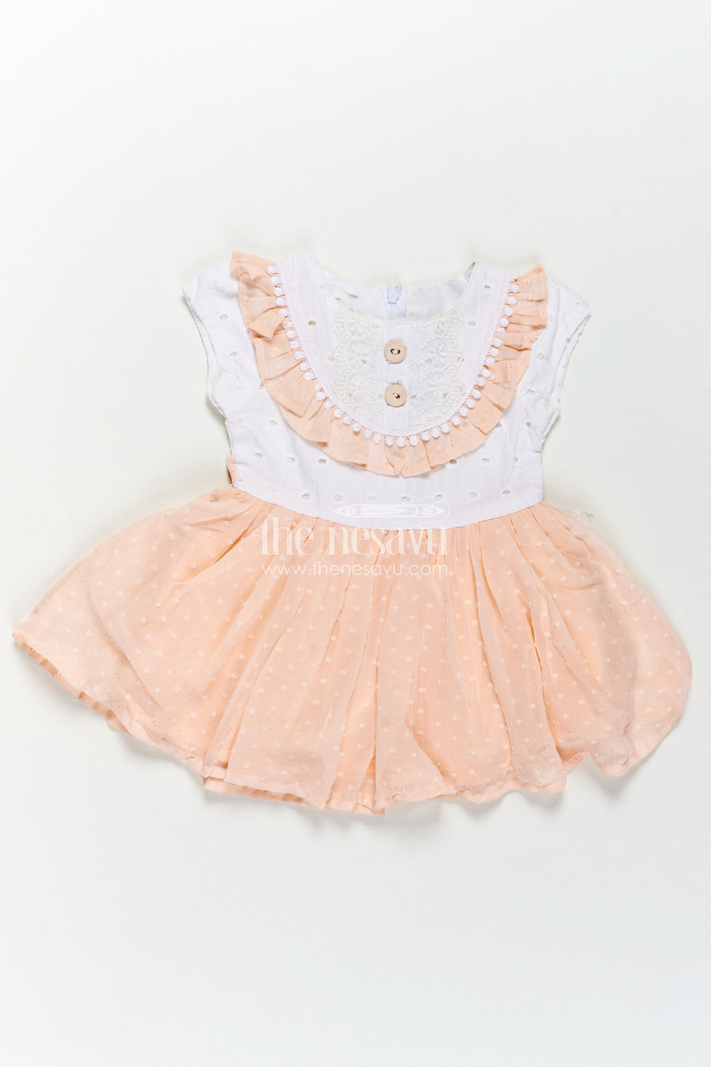 The Nesavu Baby Cotton Frocks Peach Frock Suit for Baby Girls with Hakoba Lace Yoke and Polka Dot Georgette Skirt Nesavu Peach Frock Suit Baby Girls Hakoba Lace Top Polka Dot Georgette Flare | The Nesavu