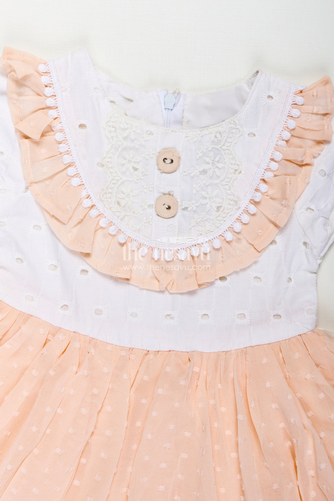 The Nesavu Baby Cotton Frocks Peach Frock Suit for Baby Girls with Hakoba Lace Yoke and Polka Dot Georgette Skirt Nesavu Peach Frock Suit Baby Girls Hakoba Lace Top Polka Dot Georgette Flare | The Nesavu