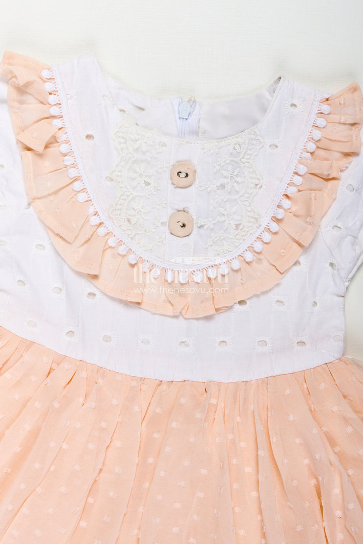 The Nesavu Baby Cotton Frocks Peach Frock Suit for Baby Girls with Hakoba Lace Yoke and Polka Dot Georgette Skirt Nesavu Peach Frock Suit Baby Girls Hakoba Lace Top Polka Dot Georgette Flare | The Nesavu