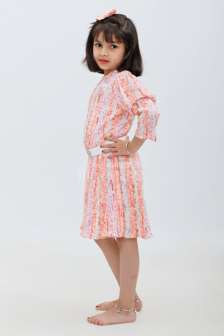 The Nesavu Girls Fancy Frock Peach Geometric Printed Party Frock for Girls Nesavu Peach Geometric Printed Party Frock for Girls - Nesavu