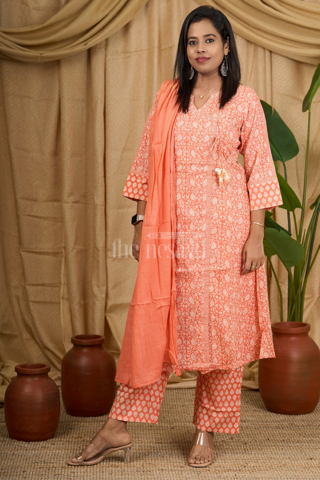 The Nesavu Womens Flared Suit Sets Peach Jaipuri Block Printed Cotton Flared Suit Set with Tassel Detailing on Neckline for Women Nesavu 36 (S) / Peach WTH039A-36 Nesavu Peach Jaipuri Block Printed Cotton Flared Suit Set Tassel Detailing Women