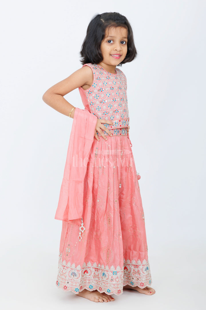 The Nesavu Girls Lehenga Choli Peach Lehenga Choli with Shimmering Sequin Embroidery and Floral Border Detailing Nesavu Nesavu Peach Lehenga Choli Sequin Embroidery Contrasting Floral Border Special Occasions