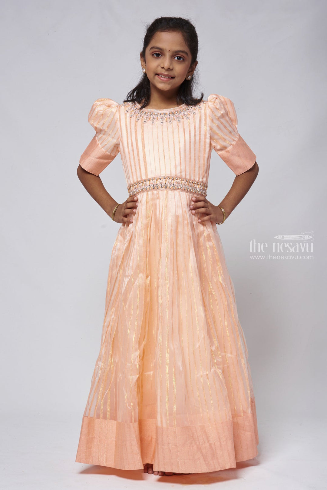 The Nesavu Party Gown Peach Organza Party Wear Gown Dress with Faux Mirror Embellished Hip Band Nesavu 18 (2Y) / Salmon / Organza GA136D-18 Peach Organza Party Wear Gown Dress with Faux Mirror Embellished Hip Band | The Nesavu