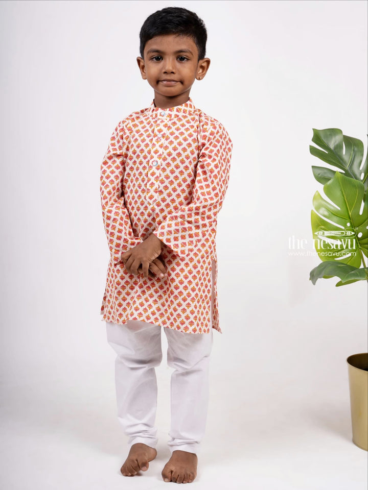 The Nesavu Boys Kurtha Set Peach Pink Floral Block Print Inspired Boys Ethnic Kurta Set Nesavu 16 (1Y) / Orange BES100-16 Stylish Party Wear Kurta For Boys | Designer Ethnics | The Nesavu