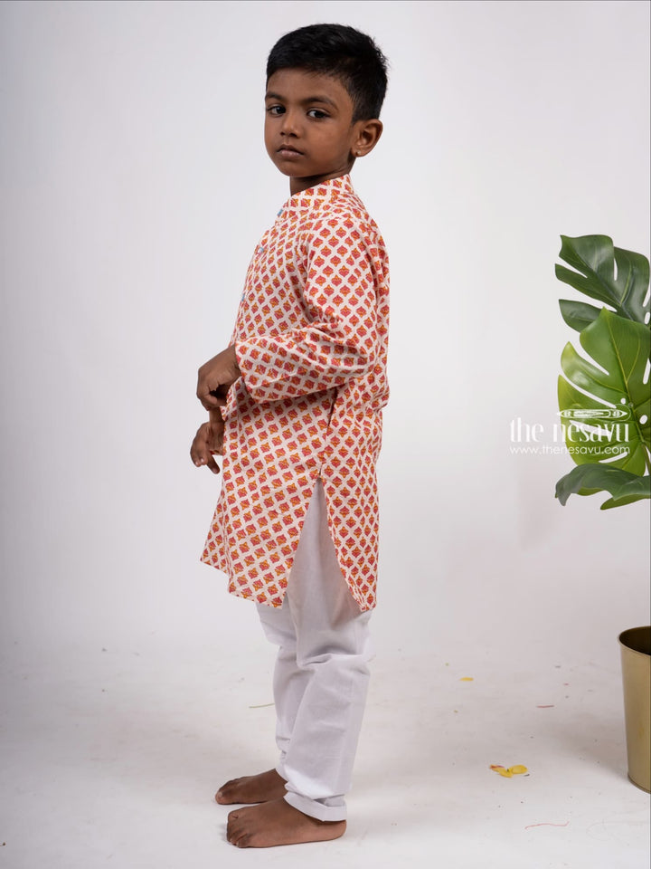 The Nesavu Boys Kurtha Set Peach Pink Floral Block Print Inspired Boys Ethnic Kurta Set Nesavu Stylish Party Wear Kurta For Boys | Designer Ethnics | The Nesavu