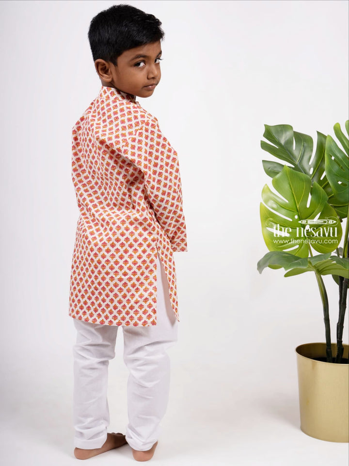 The Nesavu Boys Kurtha Set Peach Pink Floral Block Print Inspired Boys Ethnic Kurta Set Nesavu Stylish Party Wear Kurta For Boys | Designer Ethnics | The Nesavu