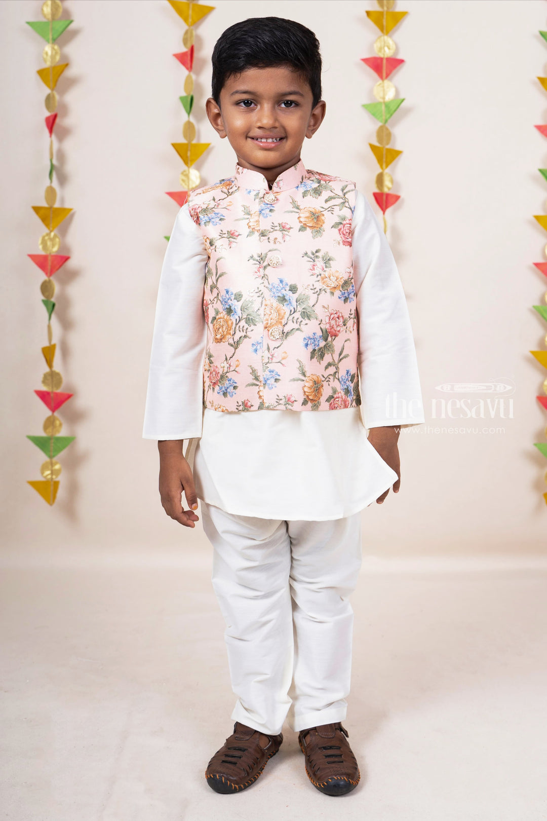 The Nesavu Boys Jacket Sets Peach Pink Half White Readymade Kurta Wear With Floral Jacket For Baby Boys Nesavu 30 (8Y) / White BES127B-30 Blue Floral Overcoat Ideas| HalfWhite Kurta Dresses Online |The Nesavu