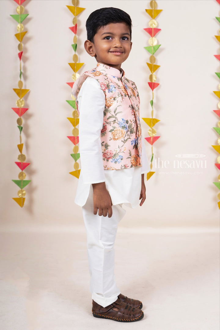 The Nesavu Boys Jacket Sets Peach Pink Half White Readymade Kurta Wear With Floral Jacket For Baby Boys Nesavu Blue Floral Overcoat Ideas| HalfWhite Kurta Dresses Online |The Nesavu