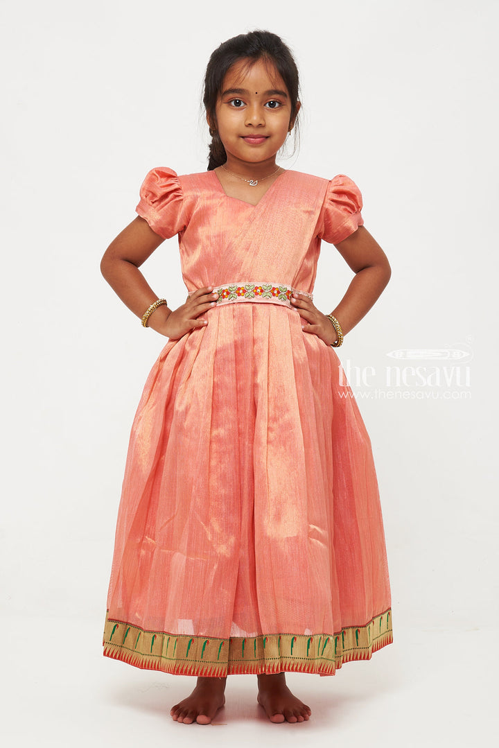 The Nesavu Girls Silk Gown Peach Tissue Fabric Saree Gown for Girls with Embroidered Hip Belt Nesavu