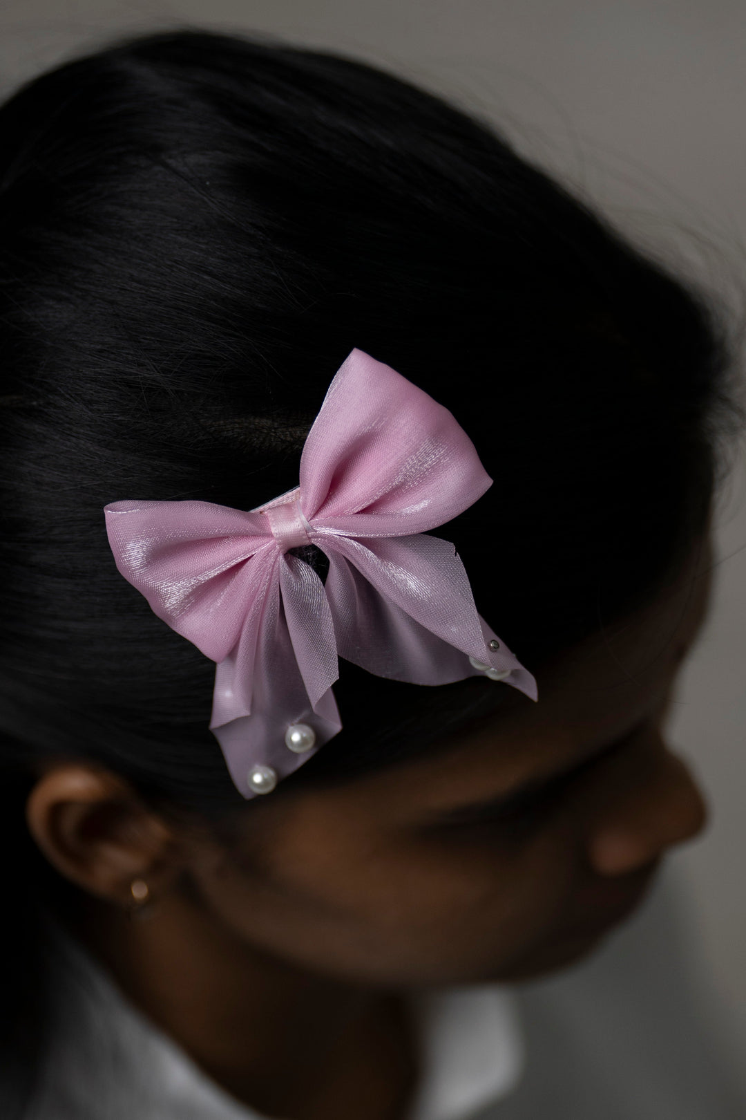 The Nesavu Hair Clip Pearl Accent Soft Pink Satin Hair Bow for a Touch of Feminine Grace Nesavu Pink JHCL76C Light Pink Satin Bow Hair Clip with Pearls | Elegant Hair Accessory for All Ages | The Nesavu