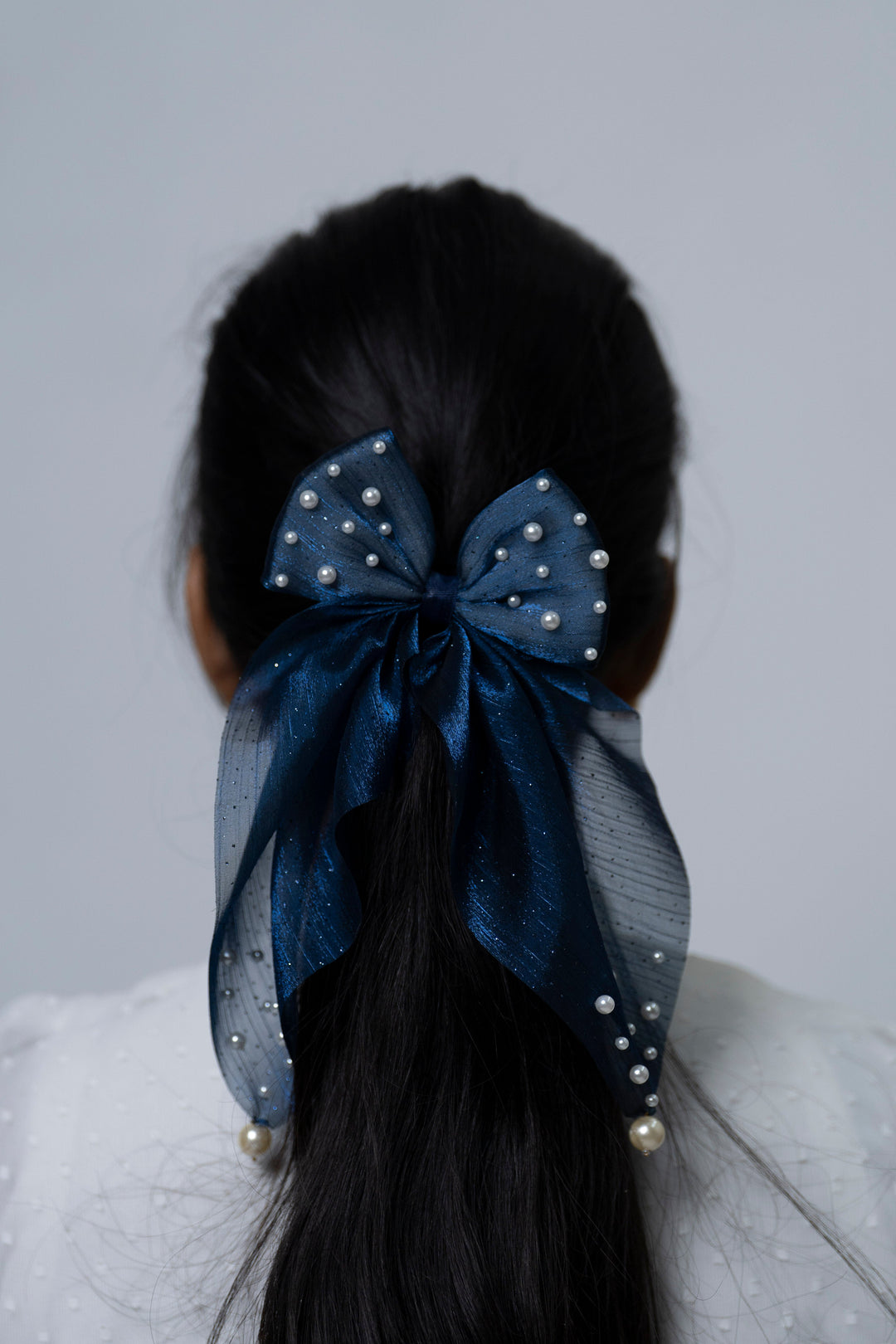 The Nesavu Scrunchies / Rubber Band Pearl-Embellished Blue Satin Bow Hairband for Girls Nesavu Blue JHS26C Girls Blue Pearl Bow Hairband | Playful & Elegant | The Nesavu