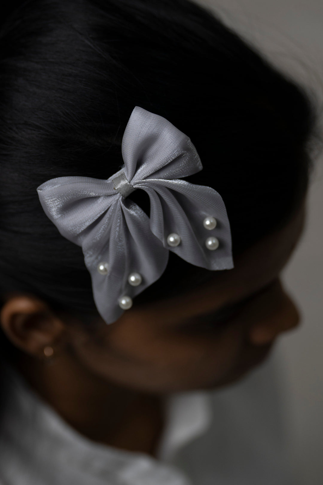 The Nesavu Hair Clip Pearl-Embellished Satin Bow Hair Clip for Elegant Styling Nesavu Gray JHCL76A Elegant Pearl Satin Bow Hair Clip | Timeless Accessory for All Occasions | The Nesavu