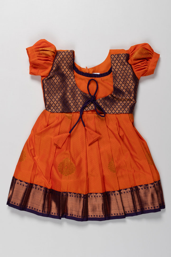 The Nesavu Girls Kanchi Silk Frock Peetambara Kanchivaram Silk Frock for Kids - Perfect for Vinayaka Chavithi Nesavu 14 (6M) / Orange / Style 3 SF800C-14 Peetambara Kanchivaram Silk Frock for Kids - Ideal for Vinayaka Chavithi