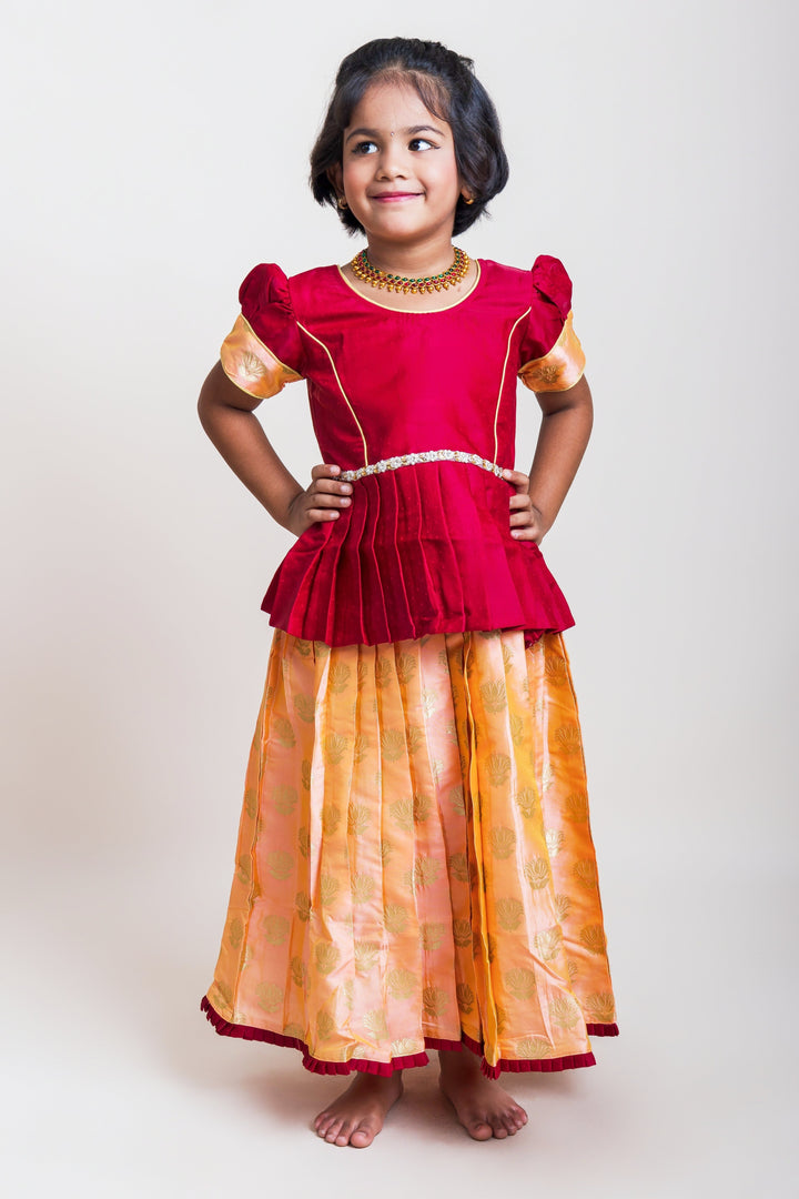 The Nesavu Pattu Pavadai Peplum Maroon Blouse And Pink Shaded Brocade Printed Silk Skirt For Girls Nesavu Maroon And Pink Pattu Pavadai| Peplum Blouse Design Patterns| The Nesavu