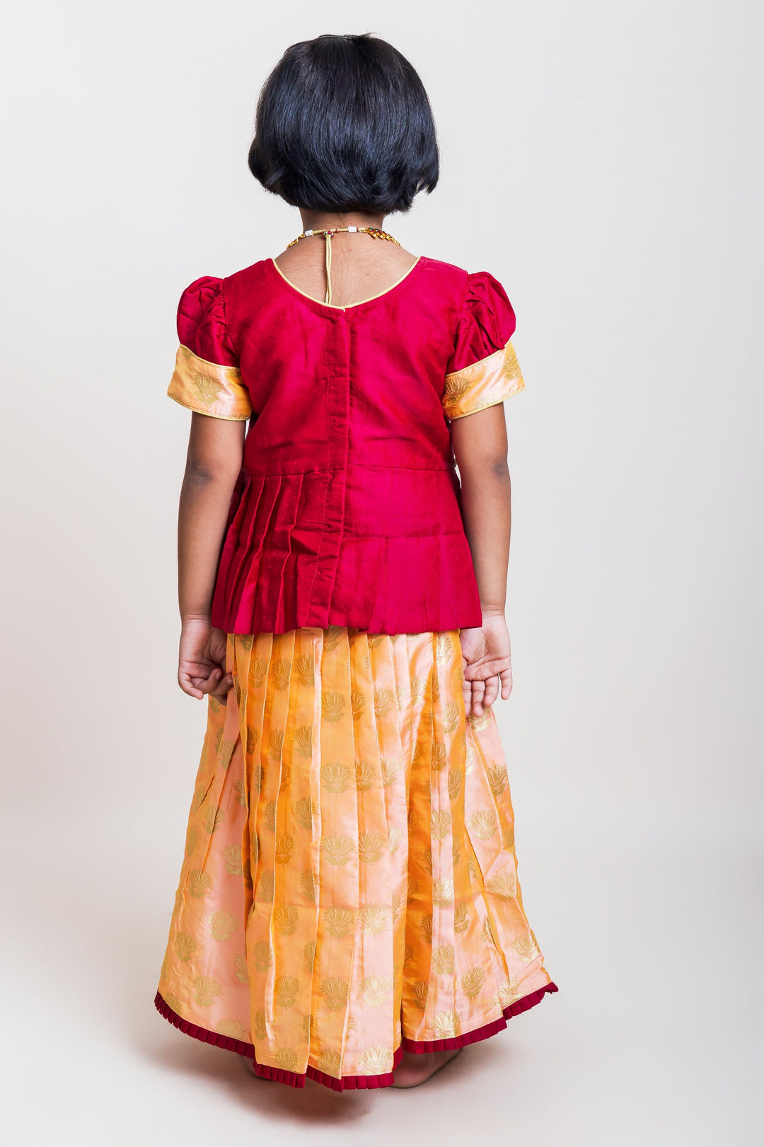 The Nesavu Pattu Pavadai Peplum Maroon Blouse And Pink Shaded Brocade Printed Silk Skirt For Girls Nesavu Maroon And Pink Pattu Pavadai| Peplum Blouse Design Patterns| The Nesavu