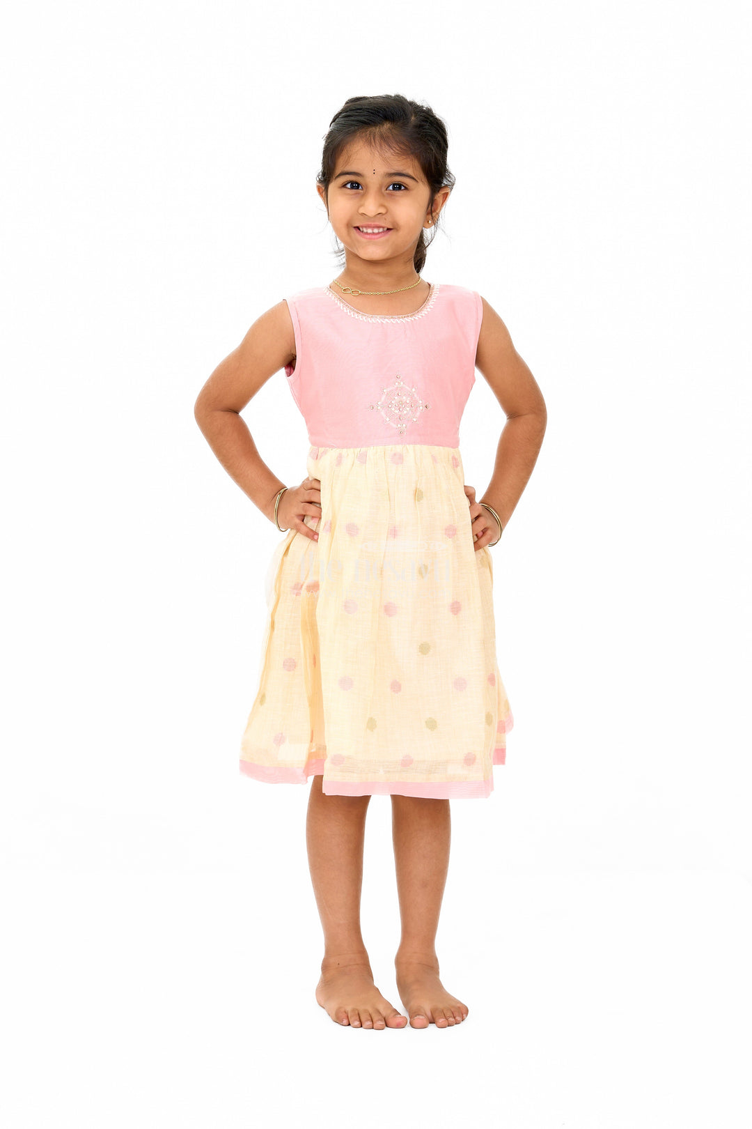 The Nesavu Girls Chanderi Frock Pink and Beige Chanderi Cotton Frock for Girls with Gold Embroidery and Polka Dot Skirt Nesavu 16 (1Y) / Pink GFC1430A-16 Nesavu Girls Pink Beige Chanderi Cotton Frock Polka Dot Skirt Gold Embroidery