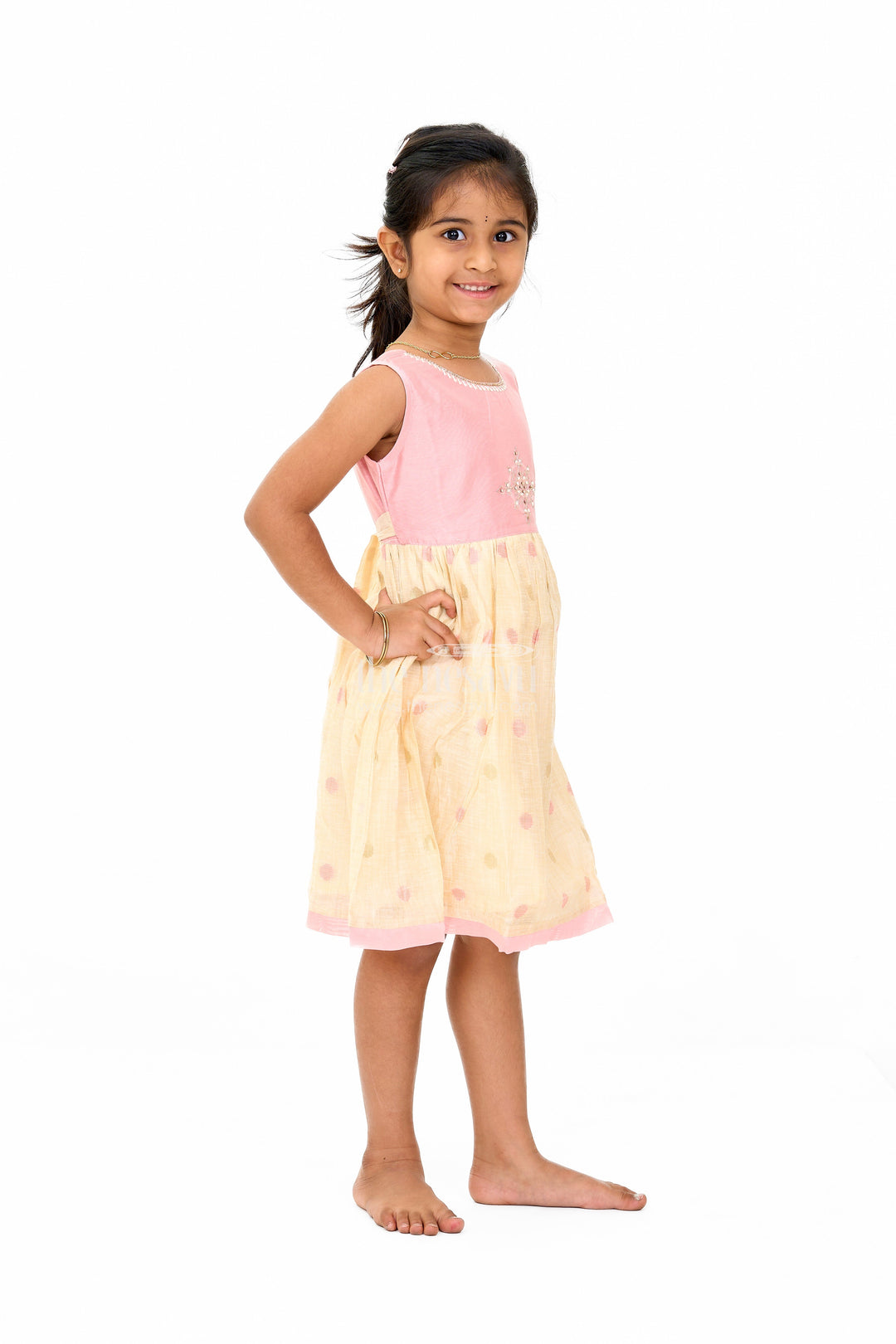 The Nesavu Girls Chanderi Frock Pink and Beige Chanderi Cotton Frock for Girls with Gold Embroidery and Polka Dot Skirt Nesavu Nesavu Girls Pink Beige Chanderi Cotton Frock Polka Dot Skirt Gold Embroidery