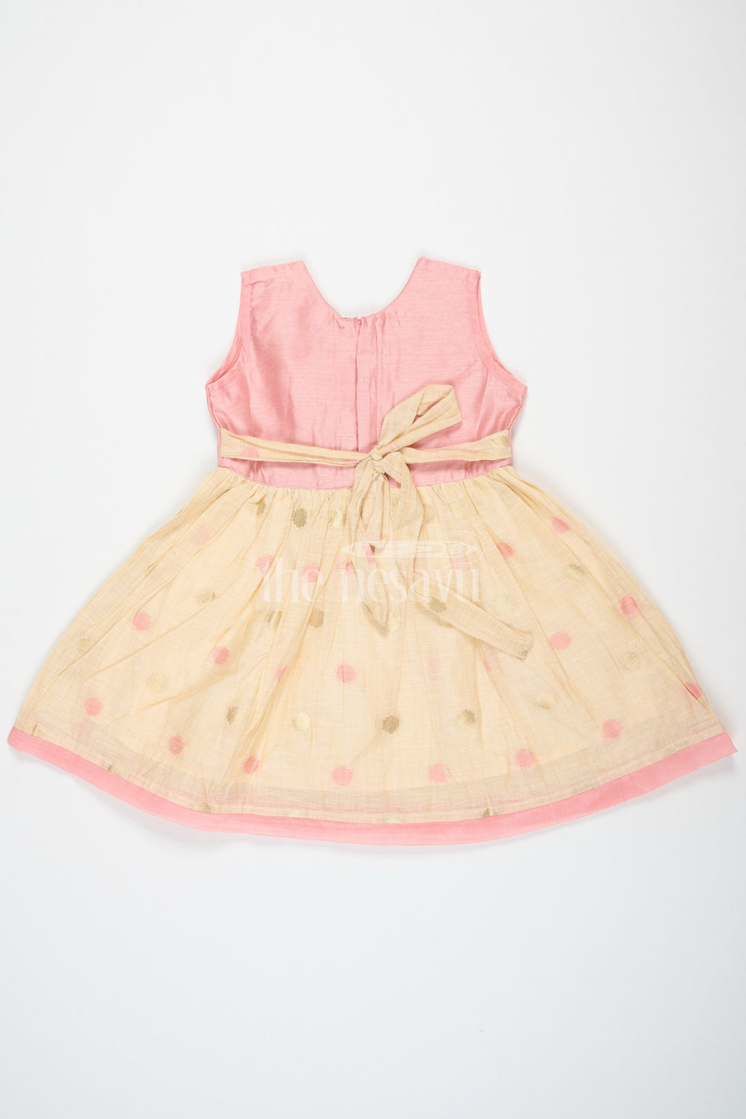 The Nesavu Girls Cotton Frock Pink and Beige Chanderi Cotton Frock for Girls with Gold Embroidery and Polka Dot Skirt Nesavu Nesavu Girls Pink Beige Chanderi Cotton Frock Polka Dot Skirt Gold Embroidery