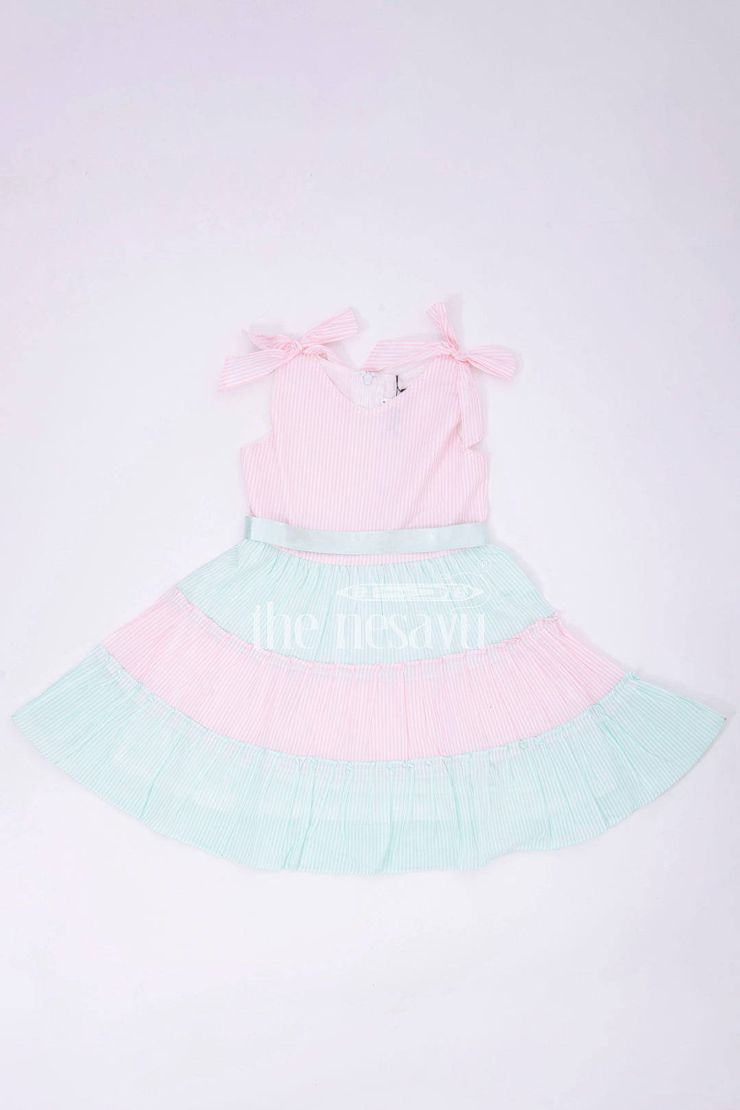 The Nesavu Baby Cotton Frocks Pink and Blue Tiered Sleeveless Cotton Frock with Bow Straps Nesavu 16 (1Y) / Pink BFJ588B-16 Pink and Blue Tiered Sleeveless Cotton Frock with Bow Straps - Nesavu