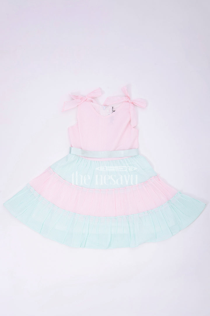 The Nesavu Baby Cotton Frocks Pink and Blue Tiered Sleeveless Cotton Frock with Bow Straps Nesavu 16 (1Y) / Pink BFJ588B-16 Pink and Blue Tiered Sleeveless Cotton Frock with Bow Straps - Nesavu