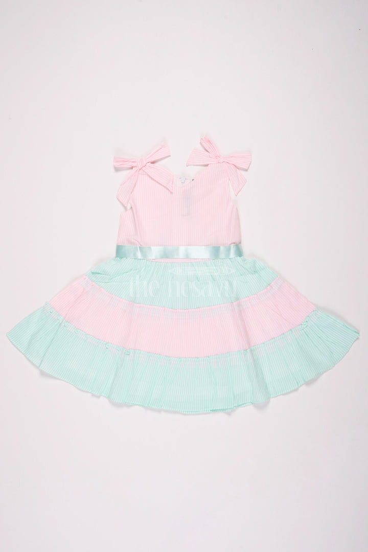 The Nesavu Baby Cotton Frocks Pink and Blue Tiered Sleeveless Cotton Frock with Bow Straps Nesavu 16 (1Y) / Pink BFJ588B-16 Pink and Blue Tiered Sleeveless Cotton Frock with Bow Straps - Nesavu