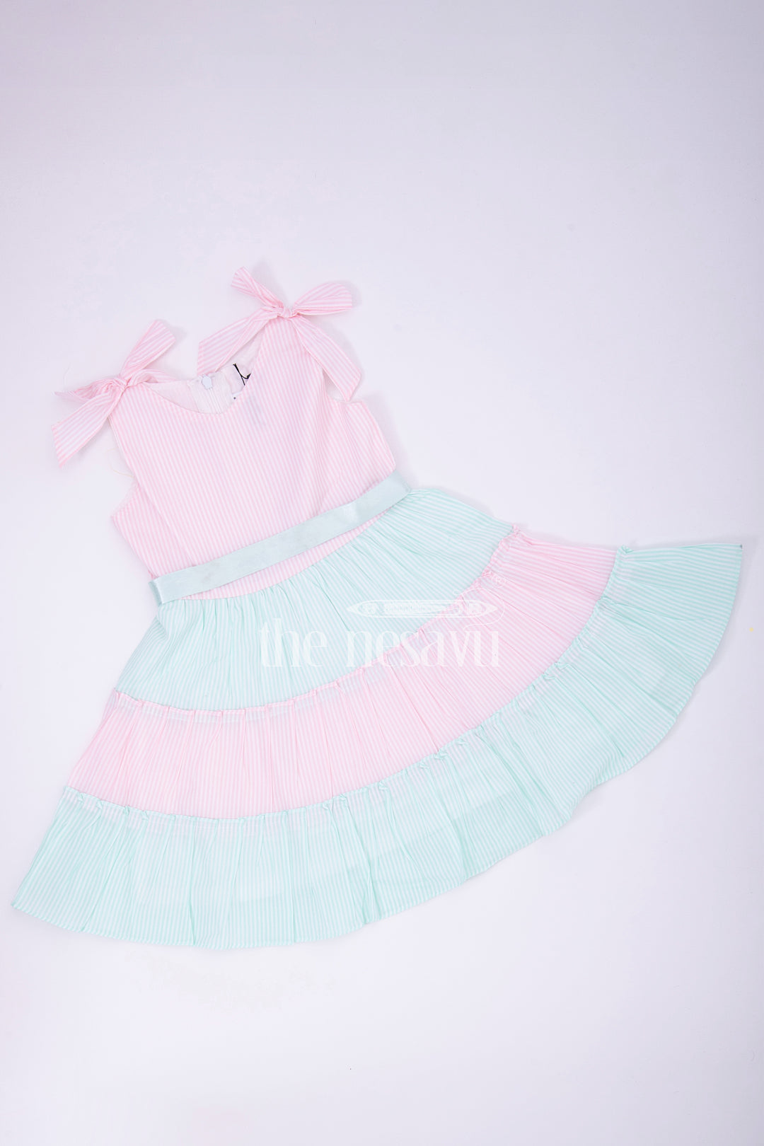 The Nesavu Baby Cotton Frocks Pink and Blue Tiered Sleeveless Cotton Frock with Bow Straps Nesavu Pink and Blue Tiered Sleeveless Cotton Frock with Bow Straps - Nesavu