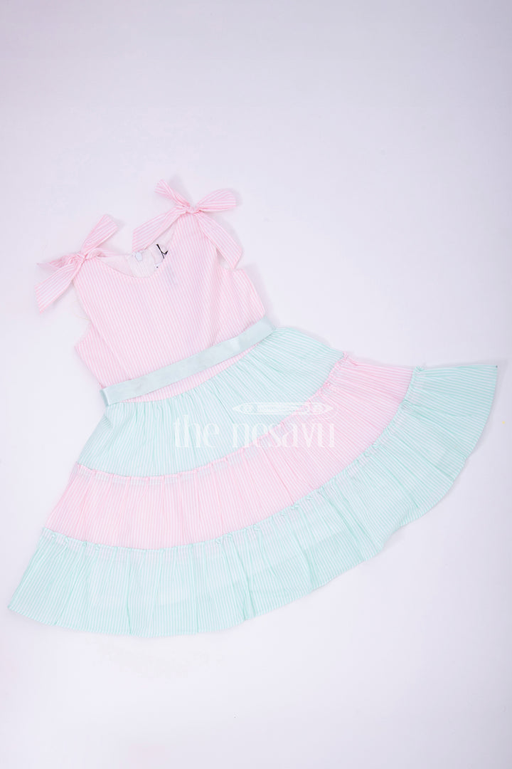 The Nesavu Baby Cotton Frocks Pink and Blue Tiered Sleeveless Cotton Frock with Bow Straps Nesavu Pink and Blue Tiered Sleeveless Cotton Frock with Bow Straps - Nesavu