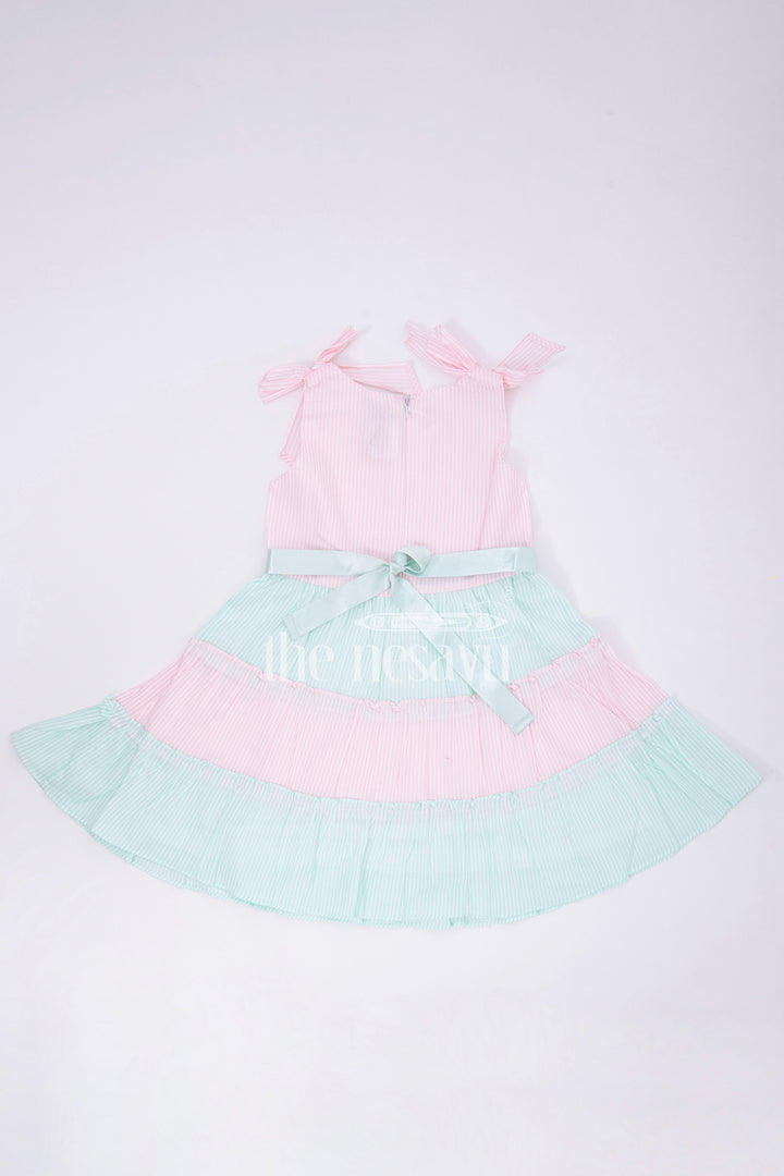 The Nesavu Baby Cotton Frocks Pink and Blue Tiered Sleeveless Cotton Frock with Bow Straps Nesavu Pink and Blue Tiered Sleeveless Cotton Frock with Bow Straps - Nesavu